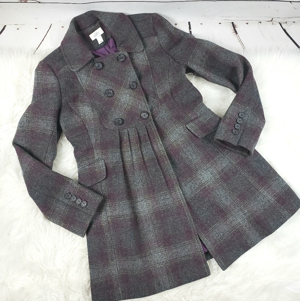 Loft Purple/Gray plaid long pea coat